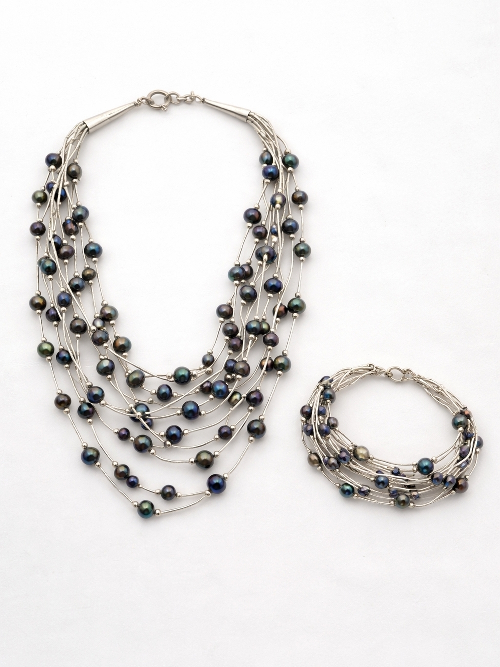 Liquid Sterling Silver & Peacock Pearl 16" Necklace & 7" Bracelet Set